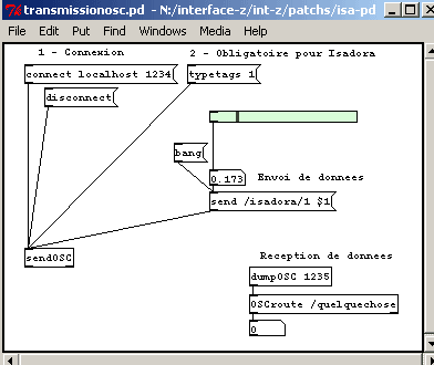 Patch pure-data de r&eacute;ception et d'envoi de donn&eacute;es en OSC.