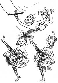 Trois modules Interface-capteurs-HF embarqués sur deux danseuses et un acrobate.